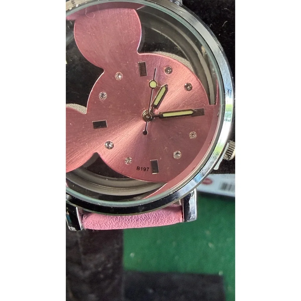 Disney Mickey Mouse Pink Silhouette Transparent Dial Watch B197 Silver Tone Case